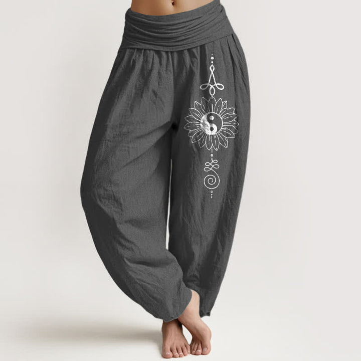 Buddha Stones Harembroek voor dames met elastische Taille en zonnebloem- en yin-yangpatroon van 100% Cotton - Donkergrijs - US16, UK/AU20, EU48 (3XL) - image 11