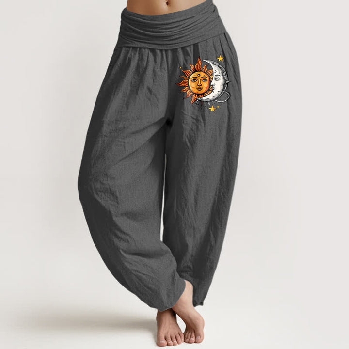 Buddha Stones Harembroek voor dames met elastische Taille en zon- en maanpatroon van 100% Cotton - Donkergrijs - US16, UK/AU20, EU48 (3XL) - image 8