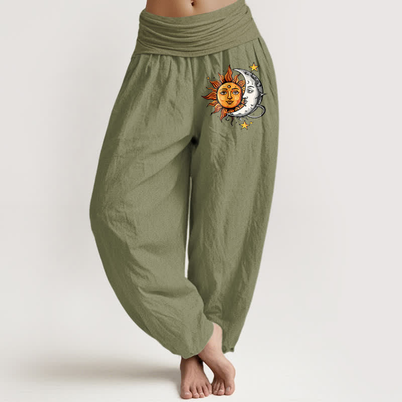 Buddha Stones Harembroek voor dames met elastische Taille en zon- en maanpatroon van 100% Cotton - Olijfgroen - US16, UK/AU20, EU48 (3XL) - image 14