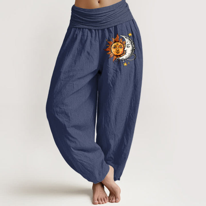 Buddha Stones Harembroek voor dames met elastische Taille en zon- en maanpatroon van 100% Cotton - Donker leisteenblauw - US16, UK/AU20, EU48 (3XL) - image 5
