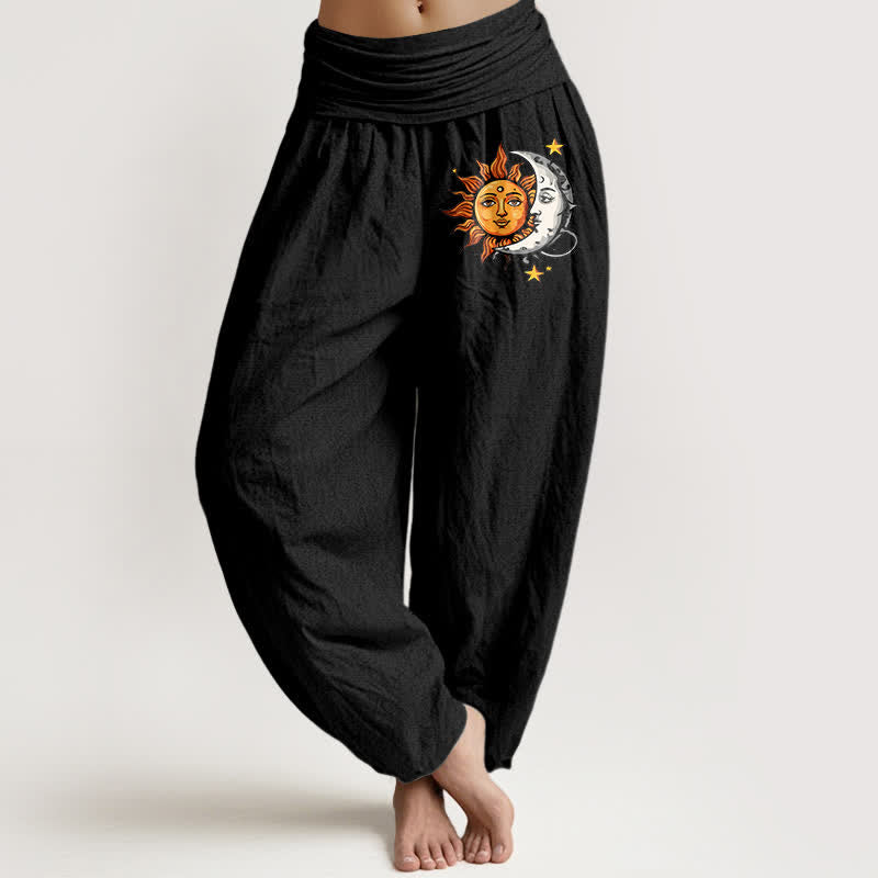 Buddha Stones Harembroek voor dames met elastische Taille en zon- en maanpatroon van 100% Cotton - Zwart - US16, UK/AU20, EU48 (3XL) - image 0