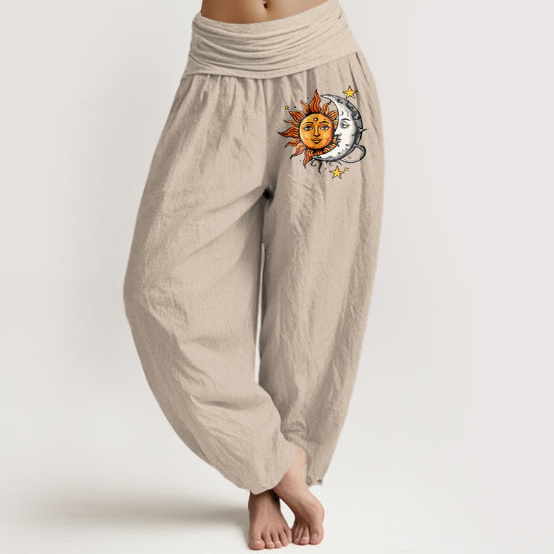 Buddha Stones Harembroek voor dames met elastische Taille en zon- en maanpatroon van 100% Cotton - Bruinen - US16, UK/AU20, EU48 (3XL) - image 11