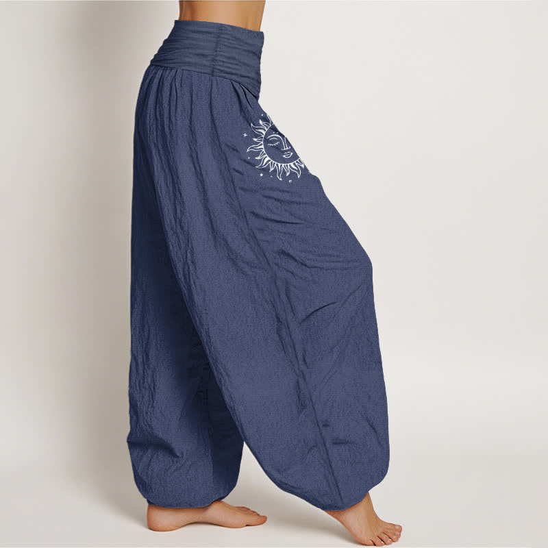 Buddha Stones Harembroek voor dames met elastische Taille en zon- en maanpatroon van 100% Cotton - image 1