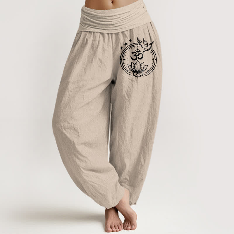 Buddha Stones Harembroek voor dames met elastische Taille en lotus- en Om-vogelpatroon van 100% Cotton - Bruinen - US16, UK/AU20, EU48 (3XL) - image 11