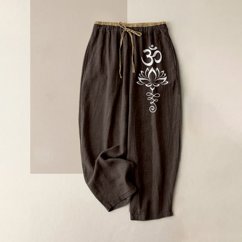 Buddha Stones Damesbroek van 100% Cotton met Zen Lotus Om-patroon, elastische Taille en Zakken. - Zadelbruin - US16, UK/AU20, EU48 (3XL) - image 0