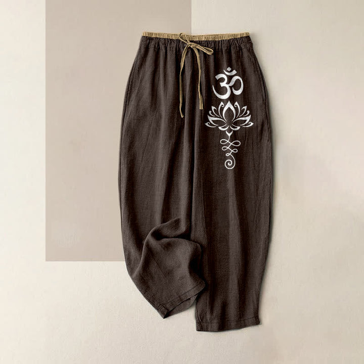 Buddha Stones Damesbroek van 100% Cotton met Zen Lotus Om-patroon, elastische Taille en Zakken. - Zadelbruin - US16, UK/AU20, EU48 (3XL) - image 0