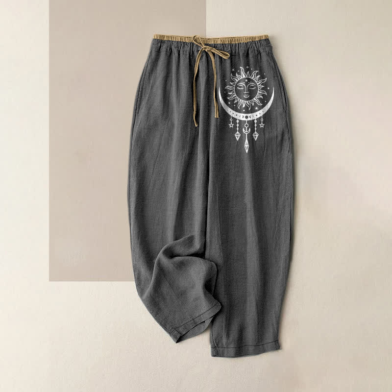 Buddha Stones Damesbroek van 100% Cotton met elastische Taille en Zakken , met een hemels zon- en maanpatroon. - Donkergrijs - US16, UK/AU20, EU48 (3XL) - image 0