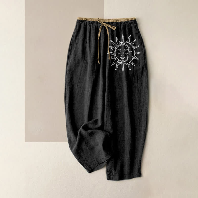 Buddha Stones Damesbroek van 100% Cotton met elastische Taille en Zakken , met hemels zonnepatroon. - Zwart - US16, UK/AU20, EU48 (3XL) - image 0