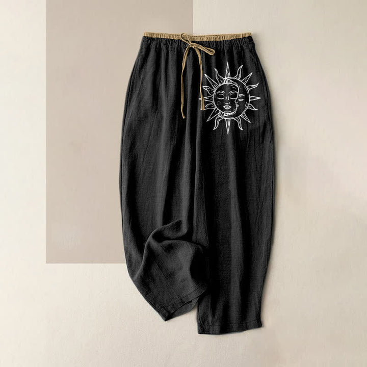 Buddha Stones Damesbroek van 100% Cotton met elastische Taille en Zakken , met hemels zonnepatroon. - Zwart - US16, UK/AU20, EU48 (3XL) - image 0