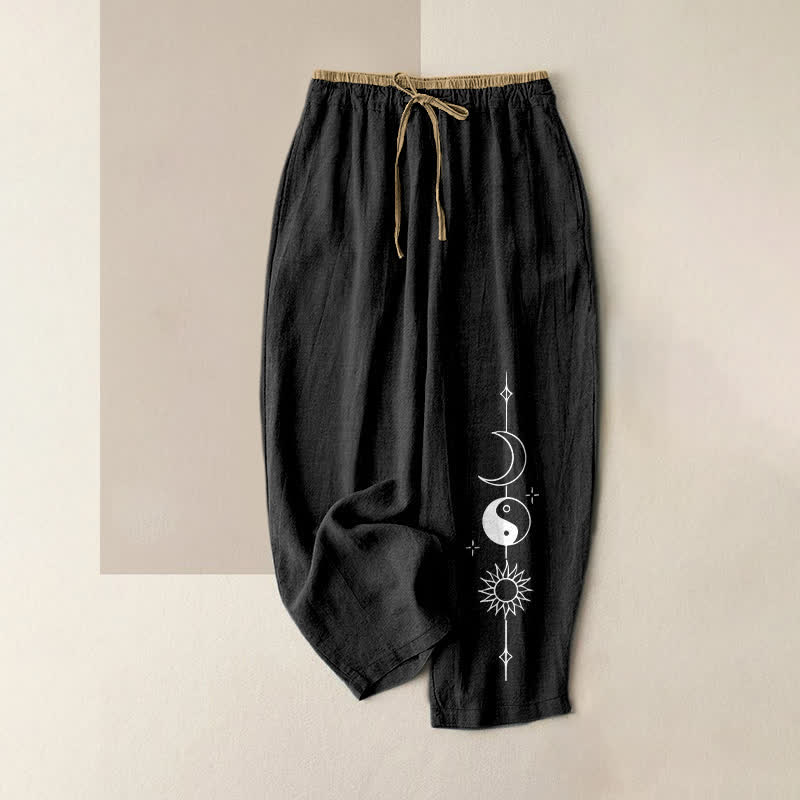 Buddha Stones Damesbroek van 100% Cotton met hemels Yin Yang-patroon, elastische Taille en Zakken. - Zwart - US16, UK/AU20, EU48 (3XL) - image 0
