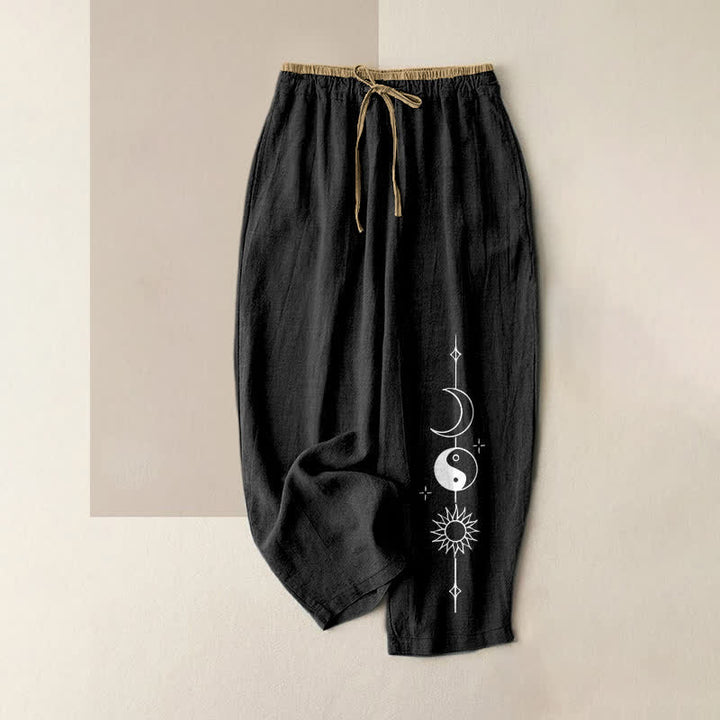 Buddha Stones Damesbroek van 100% Cotton met hemels Yin Yang-patroon, elastische Taille en Zakken. - Zwart - US16, UK/AU20, EU48 (3XL) - image 0