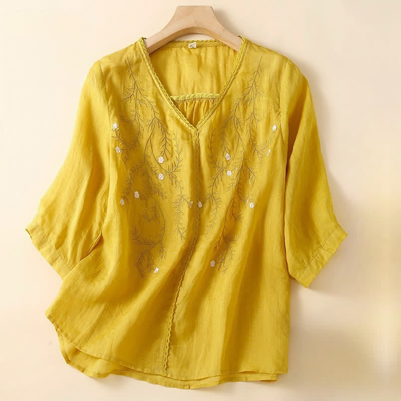 Buddha Stones Zomers casual T-shirt met geborduurd bloemenpatroon , V-hals en korte Mouwlengte voor dames. - Goud - US8-10，UK/AU12-14，EU40-42 (2XL) - image 0