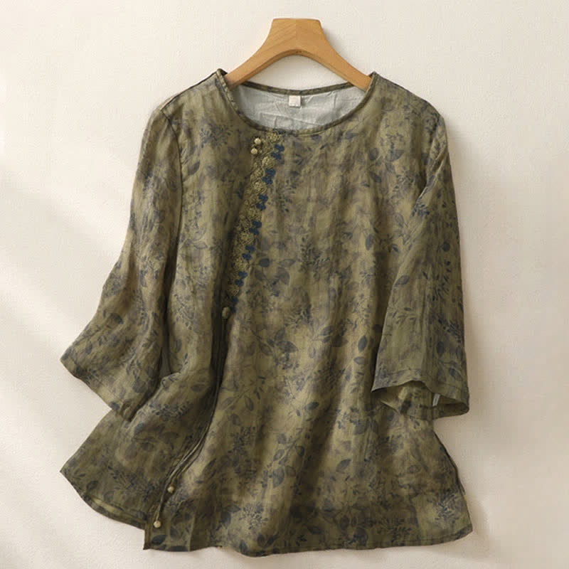 Buddha Stones Damesblouse met driekwartmouwen en geborduurd Mouwlengte - Olijfgroen - US12, UK/AU16, EU44 (2XL) - image 14