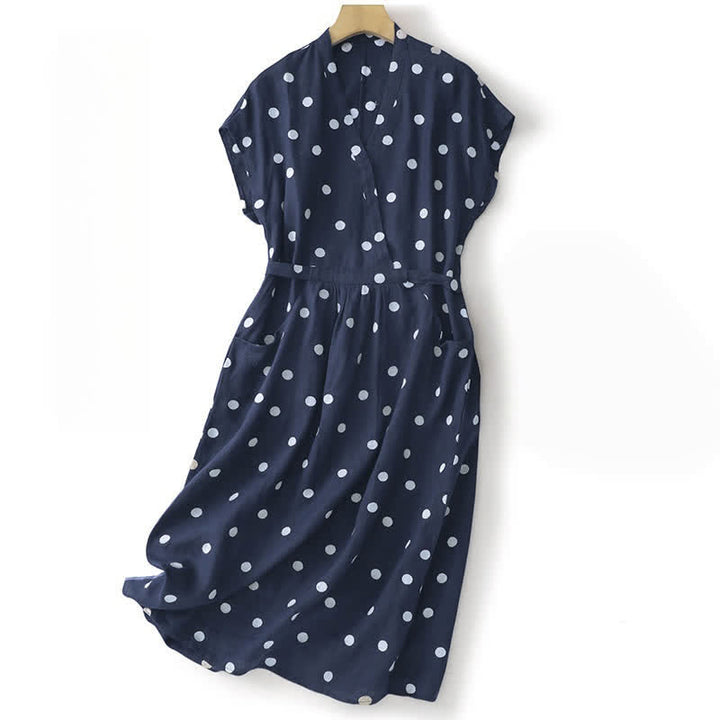 Buddha Stones Midi jurk voor dames met V-hals, vetersluiting en Zakken. - Marine - US8-10，UK/AU12-14，EU40-42 (2XL) - image 0