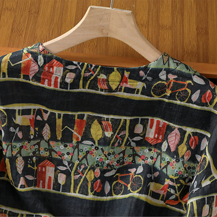 Buddha Stones Damesoverhemd van polyester met V-hals en driekwartmouwen, met plantenprint en Mouwlengte . - image 12