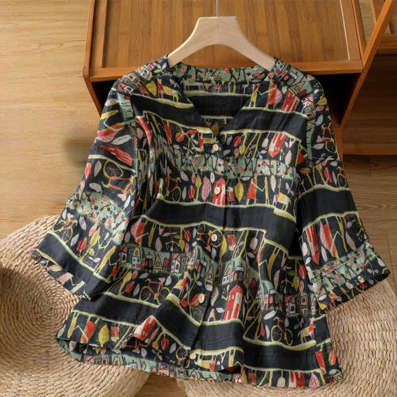 Buddha Stones Damesoverhemd van polyester met V-hals en driekwartmouwen, met plantenprint en Mouwlengte . - Zwart - US14, UK/AU18, EU46 (2XL) - image 9