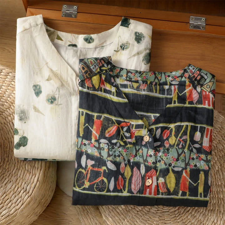 Buddha Stones Damesoverhemd van polyester met V-hals en driekwartmouwen, met plantenprint en Mouwlengte . - image 17