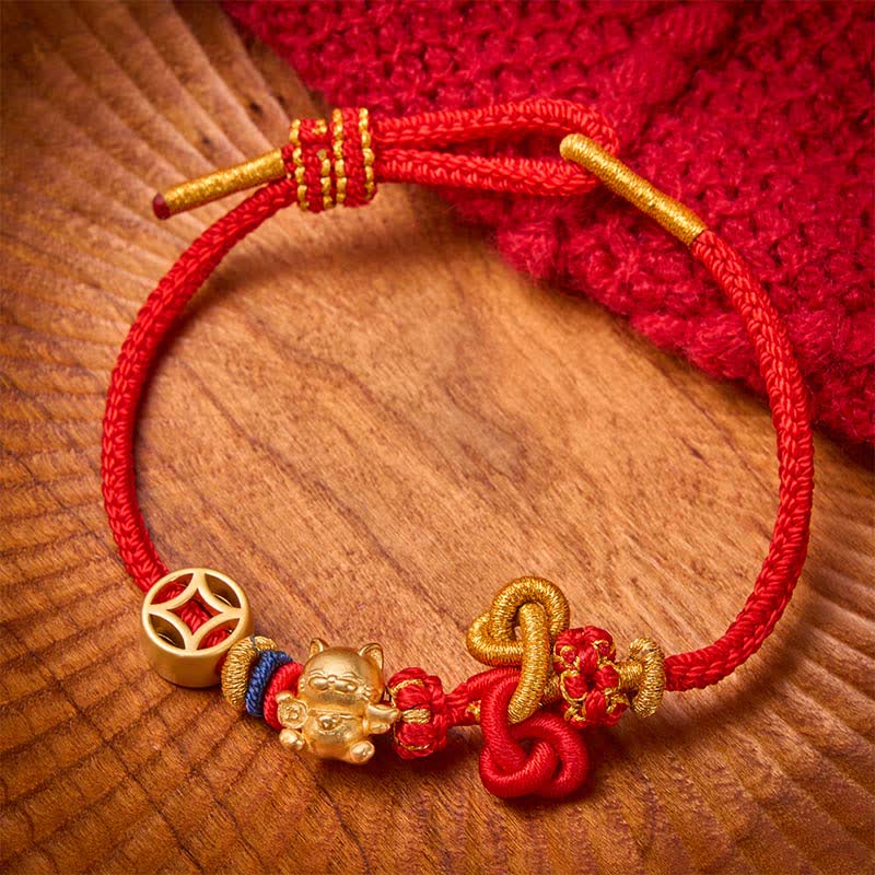Buddha Stones Gouden gelukskat Armband met rood koord ter bescherming. - Rood - image 3