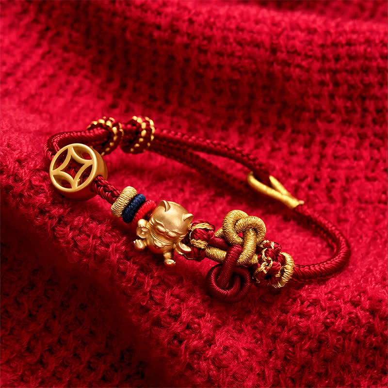 Buddha Stones Gouden gelukskat Armband met rood koord ter bescherming. - image 2