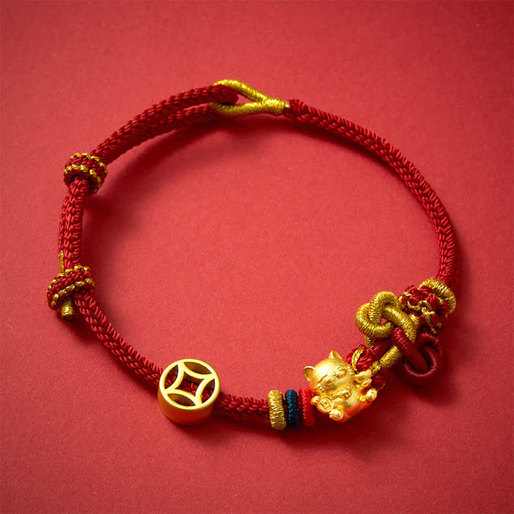 Buddha Stones Gouden gelukskat Armband met rood koord ter bescherming. - image 1