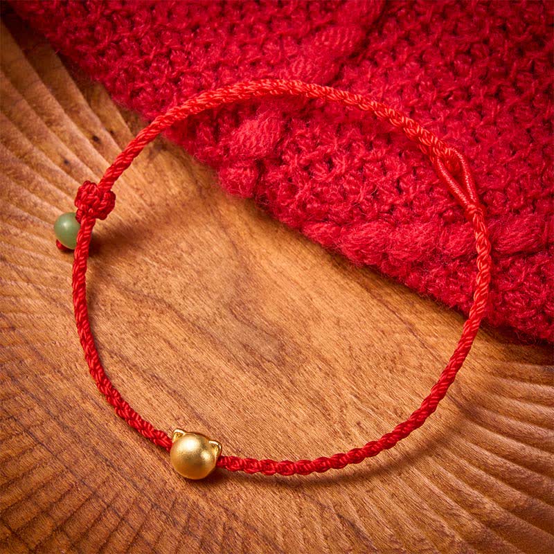 Buddha Stones Koperen kattenkop jade rode koord Armband - image 1