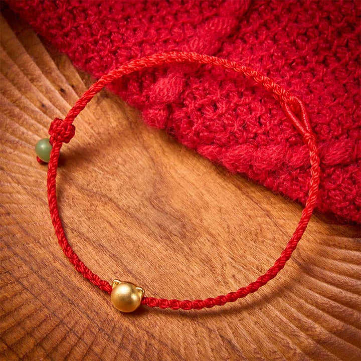 Buddha Stones Koperen kattenkop jade rode koord Armband - image 1