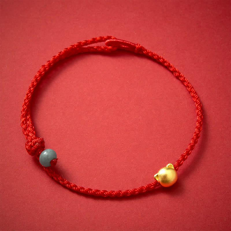 Buddha Stones Koperen kattenkop jade rode koord Armband - Rode draad (Bescherming ♥ Geluk) - image 0