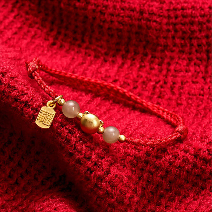 Buddha Stones Hetian Jade Fu Karakter Koperen Kat Rode Koord Armband - image 3