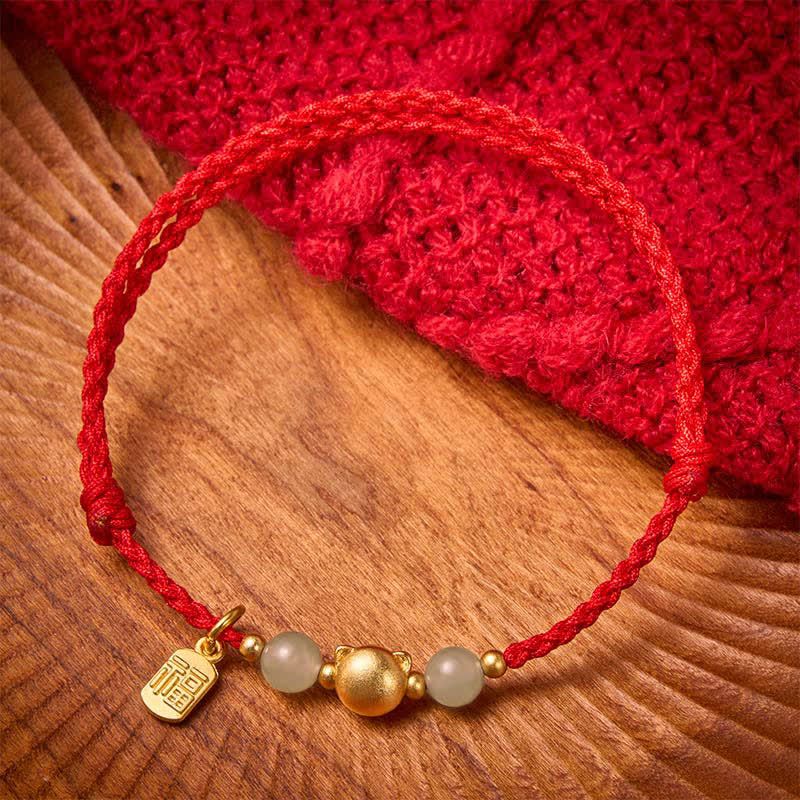 Buddha Stones Hetian Jade Fu Karakter Koperen Kat Rode Koord Armband - Rode draad (Bescherming ♥ Geluk) - image 0