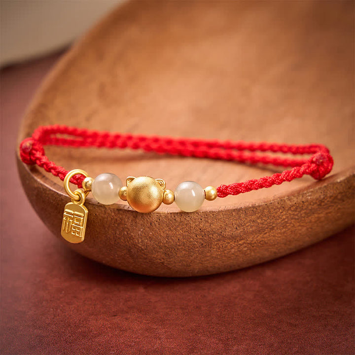 Buddha Stones Hetian Jade Fu Karakter Koperen Kat Rode Koord Armband - image 2