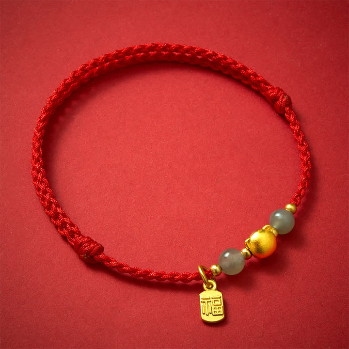 Buddha Stones Hetian Jade Fu Karakter Koperen Kat Rode Koord Armband - image 1