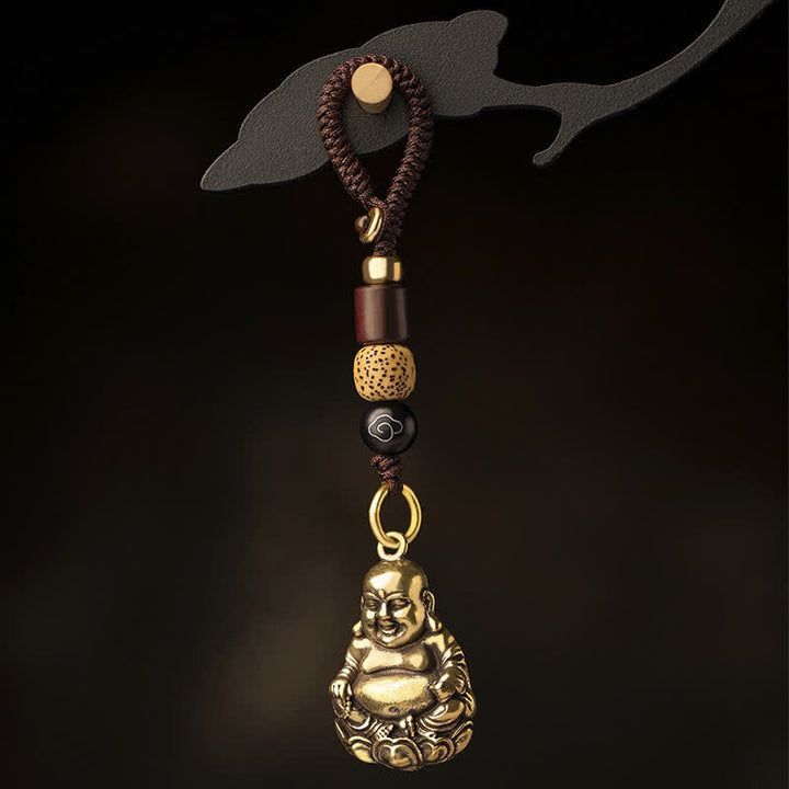 Buddha Stones Messing Lachende Boeddha Aardingsgeluk Gevlochten Sleutelhangers - Lachende Boeddha met touw ( Maat hanger: 33*22*0,8 mm) - image 0