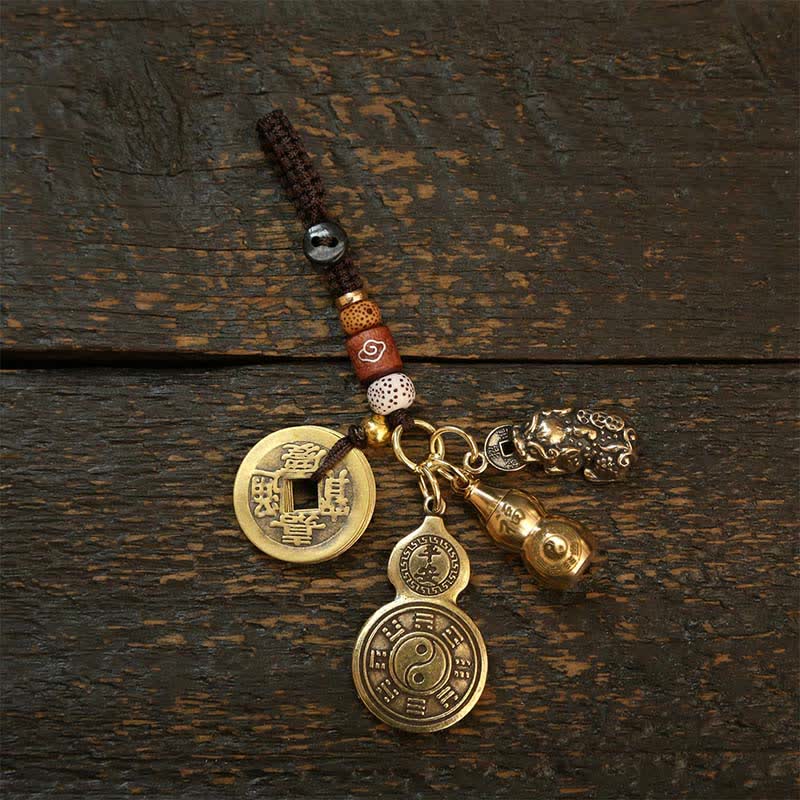 Buddha Stones Messing Bagua Kalebas Pi Xiu Vijf Keizer Munten Hanger Beschermingsamulet Sleutelhangers - Twee modellen van Bagua-kalebasjes met Pi Xiu en vijf keizerlijke munten. - image 4