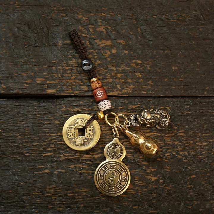Buddha Stones Messing Bagua Kalebas Pi Xiu Vijf Keizer Munten Hanger Beschermingsamulet Sleutelhangers - Twee modellen van Bagua-kalebasjes met Pi Xiu en vijf keizerlijke munten. - image 4