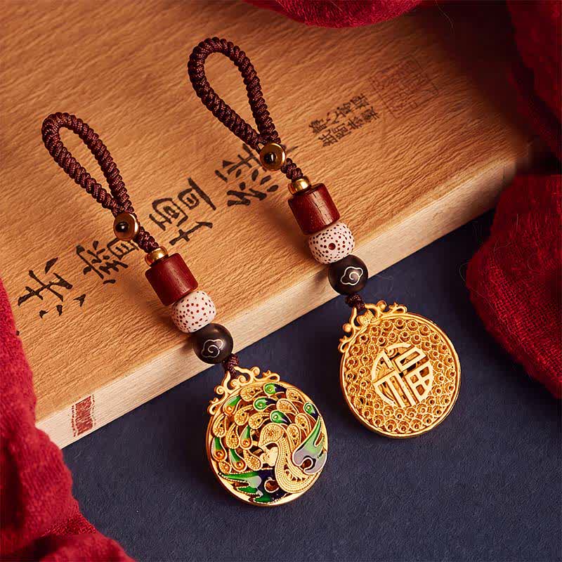 Buddha Stones Vintage Sleutelhangers met een pauw-Fu-figuurtje van koper. - image 0