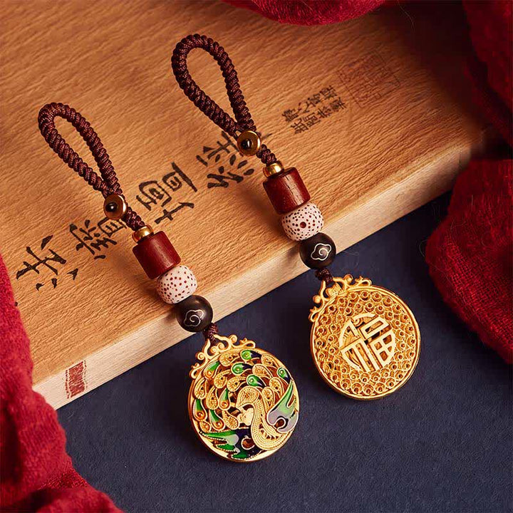 Buddha Stones Vintage Sleutelhangers met een pauw-Fu-figuurtje van koper. - image 0