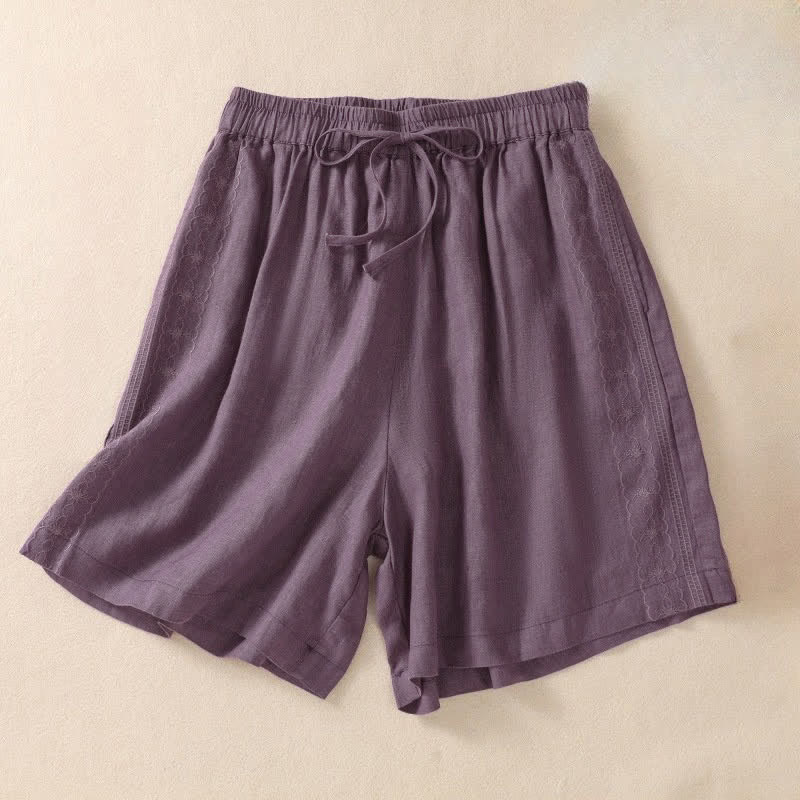 Buddha Stones Casual damesshorts met trekkoord, bloemenborduurpatroon en Zakken . - Donker Magenta - US8-10，UK/AU12-14，EU40-42 (2XL) - image 0