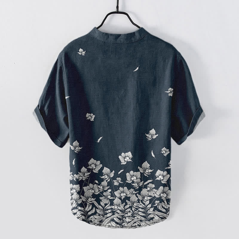 Buddha Stones Katoenen wit overhemd met bloemenprint aan de zoom , Korte mouw en halfopen knoopsluiting voor heren - Marine - US/UK/AU50, EU60 (5XL) - image 1