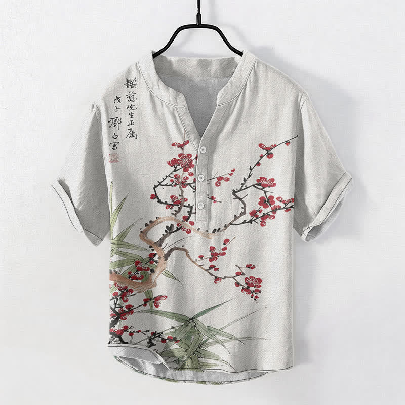 Buddha Stones Katoenen herenoverhemd met Korte mouw en halflange knoopsluiting, met pruimenbloesem- en bamboepatroon. - Wit - US/UK/AU50, EU60 (5XL) - image 0