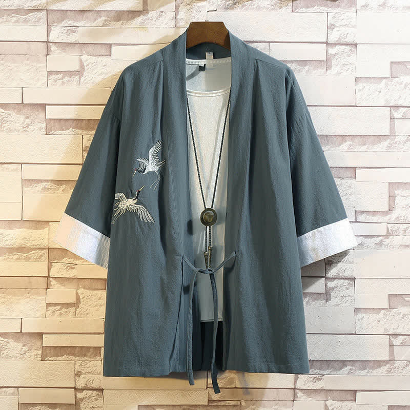 Buddha Stones Lente/Zomer Casual Vintage Kimono met Kraanvogelborduurwerk en Mouw tot de elleboog - CadetBlauw Witte Kraan - US/UK/AU46, EU56 (5XL) - image 0