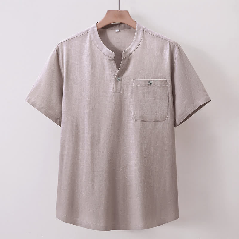 Buddha Stones Zomerse casual Tang-stijl Overhemden met Mandarin kraag , effen katoen-linnen, Korte mouw en zak - Lichtgrijs - US/UK/AU46, EU56 (5XL) - image 1