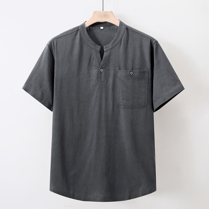 Buddha Stones Zomerse casual Tang-stijl Overhemden met Mandarin kraag , effen katoen-linnen, Korte mouw en zak - Donkergrijs - US/UK/AU46, EU56 (5XL) - image 0