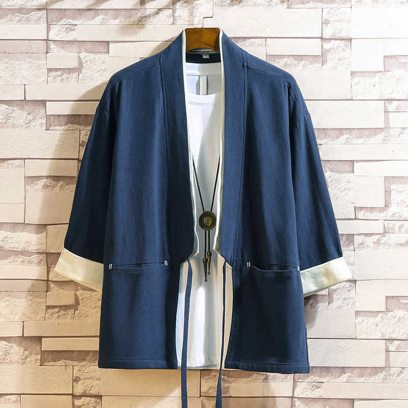 Buddha Stones Lente/Zomer Casual Minimalistische Effen Herenkimono met Driekwart mouw en Zakken - Staalblauw - US/UK/AU46, EU56 (5XL) - image 0