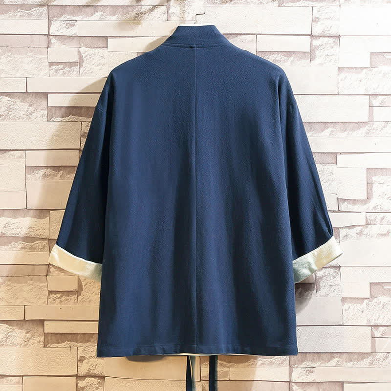 Buddha Stones Lente/Zomer Casual Minimalistische Effen Herenkimono met Driekwart mouw en Zakken - image 1