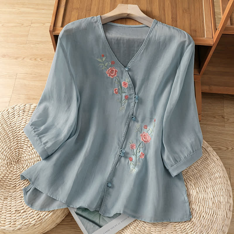 Buddha Stones Zomerse Tang-stijl vintage geborduurde Overhemden damesblouse met Mouw tot de elleboog - Poederblauw - US8-10, UK/AU12-14, EU40-42 (2XL) - image 0