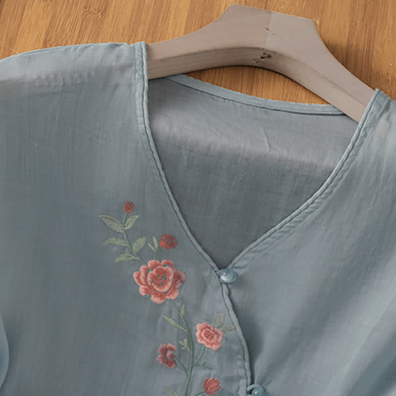 Buddha Stones Zomerse Tang-stijl vintage geborduurde Overhemden damesblouse met Mouw tot de elleboog - image 1