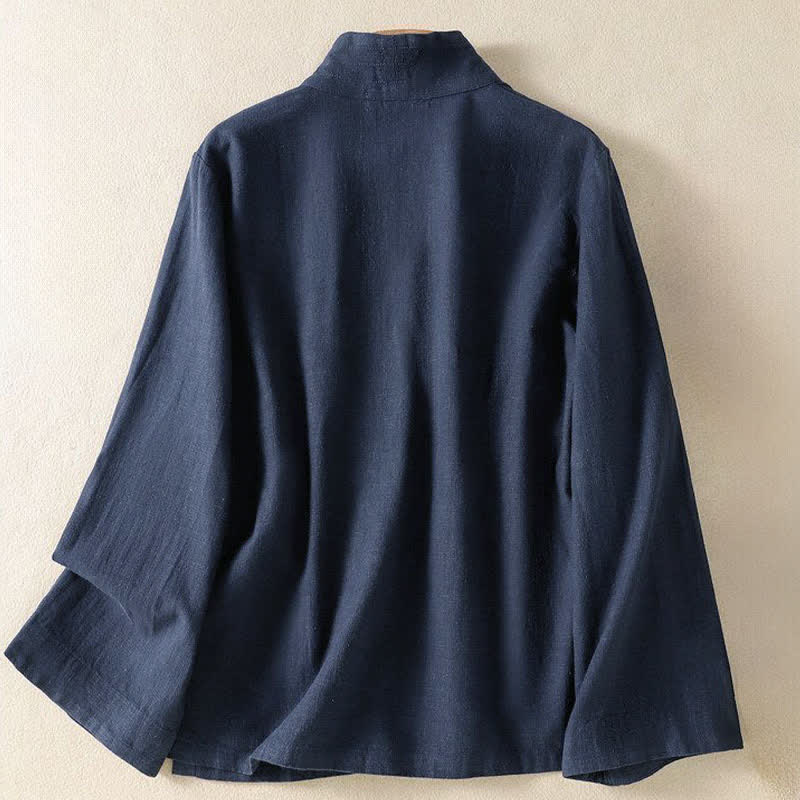 Buddha Stones Casual Lange mouw met V-hals en trekkoord in Tang-stijl , effen kleur, voor lente en zomer. - image 1