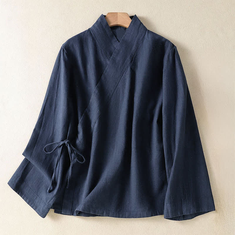 Buddha Stones Casual Lange mouw met V-hals en trekkoord in Tang-stijl , effen kleur, voor lente en zomer. - Middernachtblauw - US12, UK/AU16, EU44 (3XL) - image 0