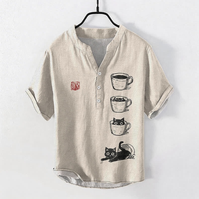 Buddha Stones Katoenen herenoverhemd met gestapelde kopjes en kattenprint, Korte mouw en halfopen knoopsluiting. - Beige - US/UK/AU50, EU60 (5XL) - image 0