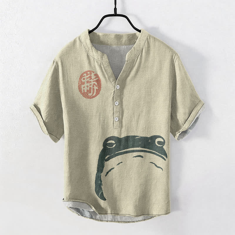 Buddha Stones Katoenen vintage overhemd met kikker- en zeehondenprint voor heren, Korte mouw en halve knoopsluiting. - Beige - US/UK/AU50, EU60 (5XL) - image 0
